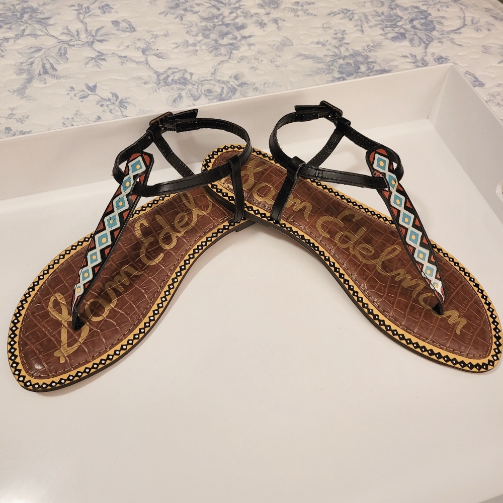 Sam Edelman Gigi t-strap boho sandal painted Aztec tribal print black leather